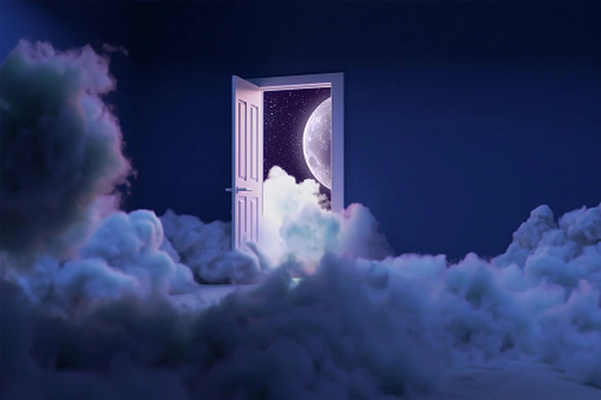 clouded room with view of the moon at the door