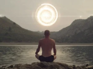 Man meditating in the river under an odd-shaped sun