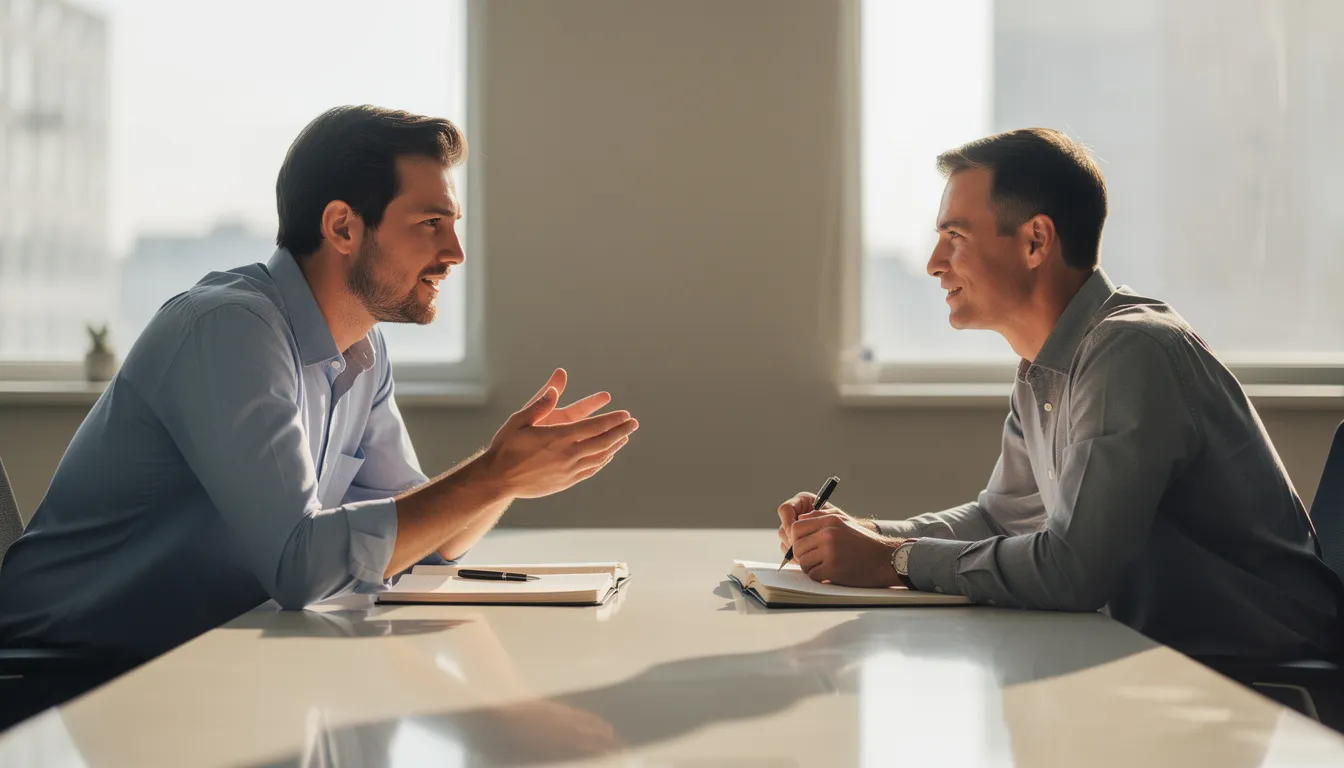Two professionals, engaged in a collaborative conversation across a table, are taking notes as they discuss strategies for building effective coaching relationships. This scene reflects the dynamic coaching process essential for certified life coaches and emphasizes the importance of personal coaching presence in their practice.
