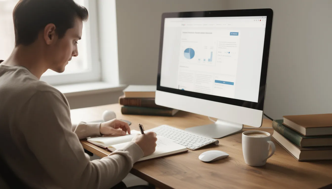 A focused individual is taking notes while researching on a computer at a desk, likely exploring topics related to life coach certification and the coaching industry. This scene emphasizes the importance of personal development and the dynamic coaching process for aspiring coaches.
