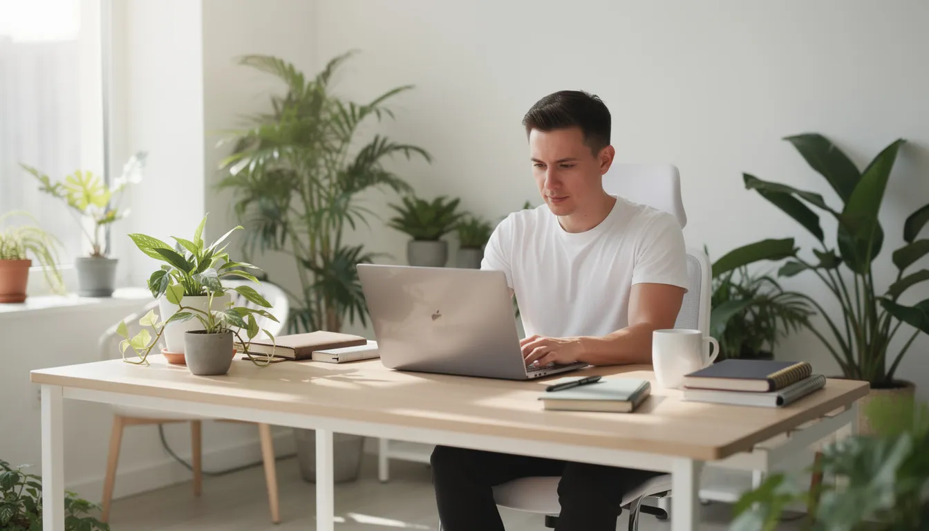 A person is focused on their laptop in a bright, modern workspace filled with plants, embodying the essence of personal development and professional life coaching. This serene environment reflects the dynamic coaching process, ideal for aspiring coaches looking to establish their own coaching practice.