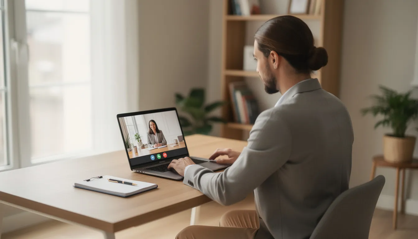 A certified professional coach is engaged in a video call session with a client, utilizing a laptop in a modern home office setting, demonstrating the dynamic coaching process that fosters personal development and positive change. This scene highlights the professional life coaching relationship, emphasizing the importance of communication and the coaching presence in supporting clients' growth.